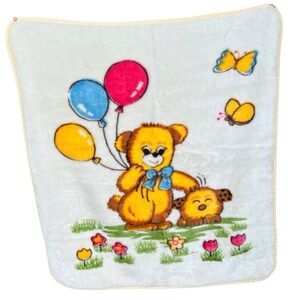 VTG Minky Baby Blanket Bear Puppy Balloons Butterflies Plush Kawaii Style 39x44
